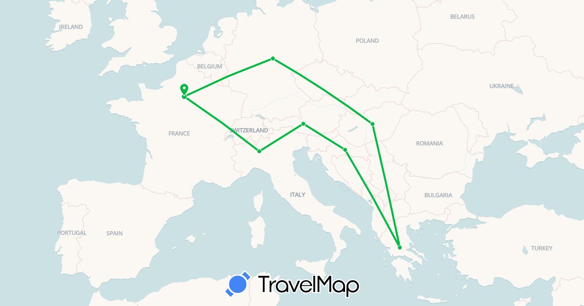 TravelMap itinerary: driving, bus in Austria, Germany, France, Greece, Croatia, Hungary, Italy (Europe)